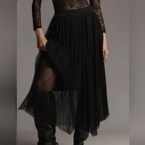 Anthropologie Midi Black Pleated Tulle Skirt XS